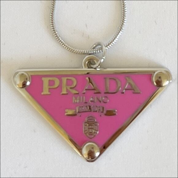 PRADA Triangle Logo Pink Silver Pendant Stamped Necklace Charm Snake Chain - Picture 5 of 12